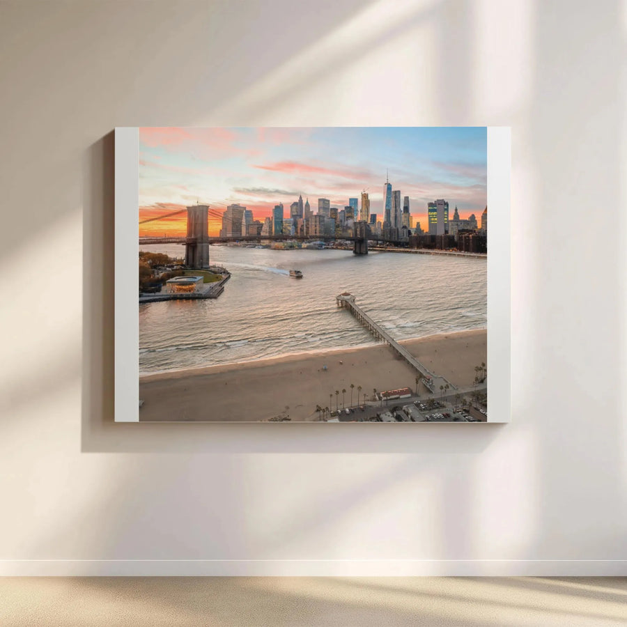 Lower Manhattan Skyline Canvas Print | NYC Sunset & Brooklyn Bridge Wall Art | Premium Fade-Resistant Canvas | Modern Home Decor Gift for New Yorker