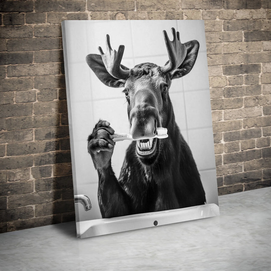 Moose Brushing Teeth Wall Art | Funny Animal Bathroom Decor | Gallery-Quality Canvas Print | Whimsical Home Decor Gift