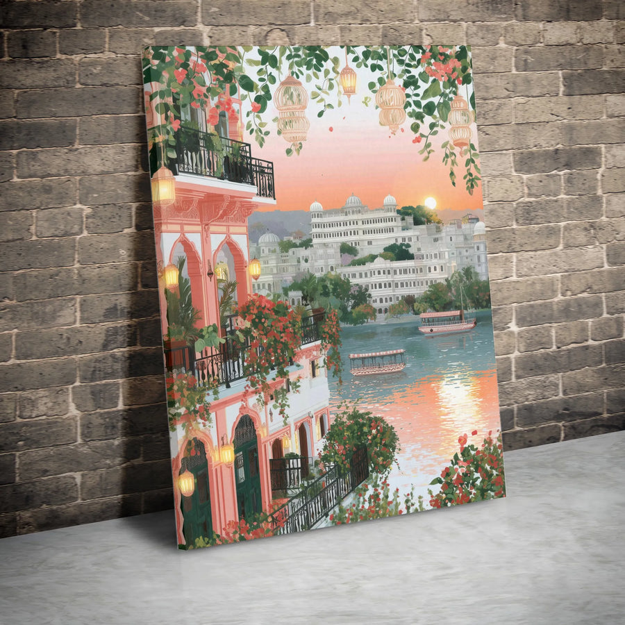 Udaipur Lake Palace Canvas Print | Sunset Floral Balcony Wall Art | Gallery Quality 1.25 Inch Thick | Travel Inspired Home Decor Gift