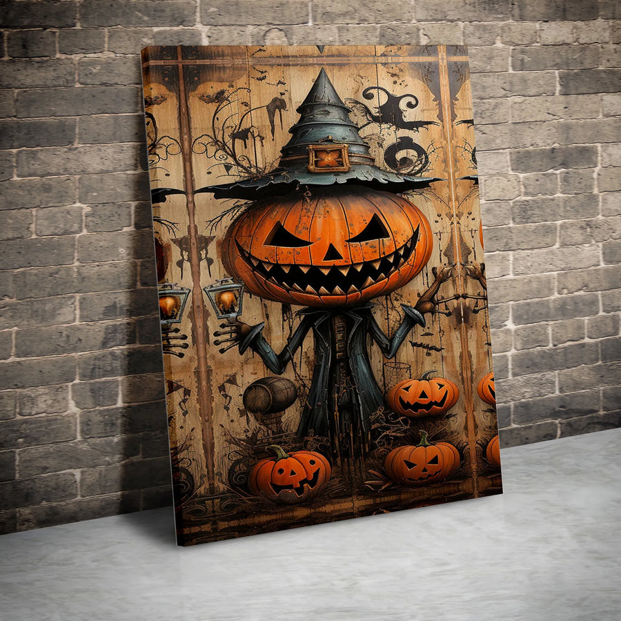 Spooky Pumpkin Scarecrow Canvas Art | Vintage Halloween Witch Hat Decor | Premium Fade-Resistant Gallery Wrap | Gothic Autumn Seasonal Gift