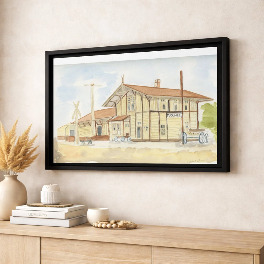 Maxwell Train Station Wall Art | Vintage Railway Depot Watercolor Painting | Premium Gallery Wrap Canvas | Rustic Home Decor Gift