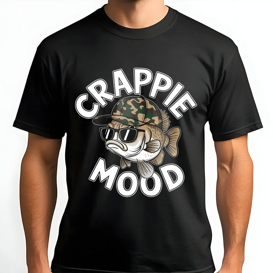 Crappie Mood Fishing T-Shirt | Funny Fish Graphic With Camo Hat | Premium Soft Cotton Tee | Funny Fisherman Gift For Him Or Her