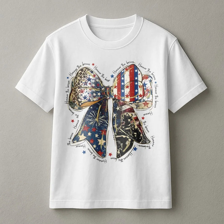 Patriotic Coquette T-Shirt | Honor The Brave American Flag Bow Graphic | Soft Unisex Crewneck | Memorial Day & 4th of July Military Gift