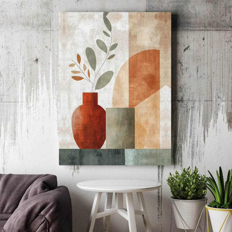 Abstract Still Life Canvas Wall Art | Mid-Century Modern Botanical Vase Print | Premium 1.25" Thick Gallery Wrap | Earth Tone Home Decor Gift