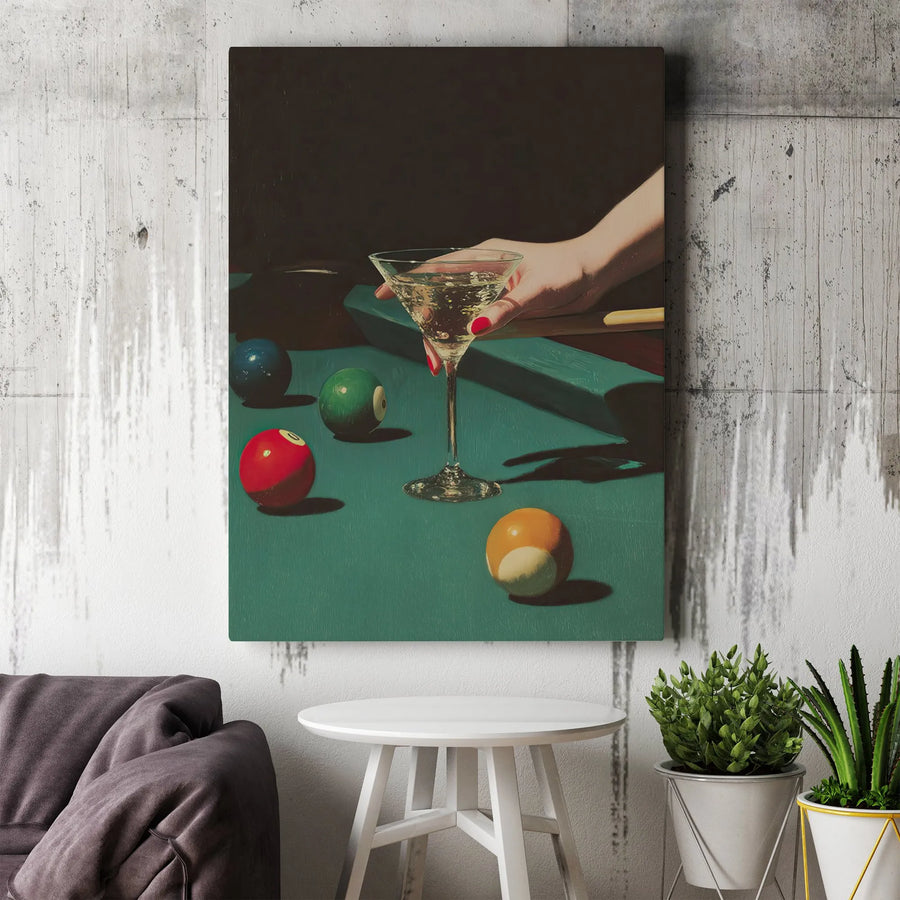 Vintage Billiards and Cocktail Vertical Canvas | Retro Pool Table Martini Glass Art for Home Bar | 1.25" Gallery Wrap Frame | Moody Man Cave Lounge Decor Gift