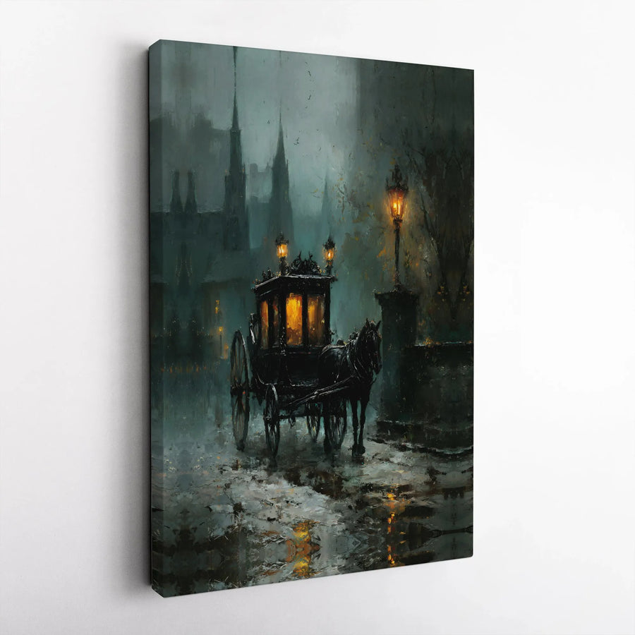Gothic Horse and Carriage Canvas Print | Moody Victorian Rainy Street Art | Premium Fade-Resistant Print | Dark Academia Home Decor Gift