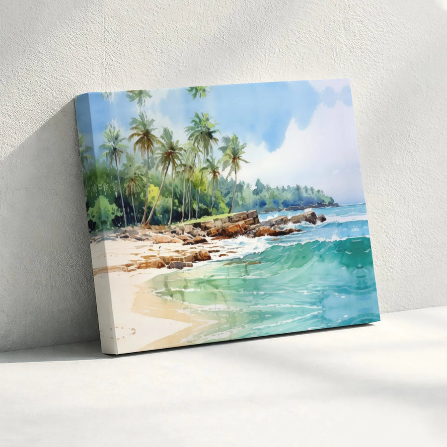 Tropical Beach Canvas Wall Art | Watercolor Palm Tree Ocean Scene | Gallery-Wrapped Premium Canvas | Coastal Home Decor Gift
