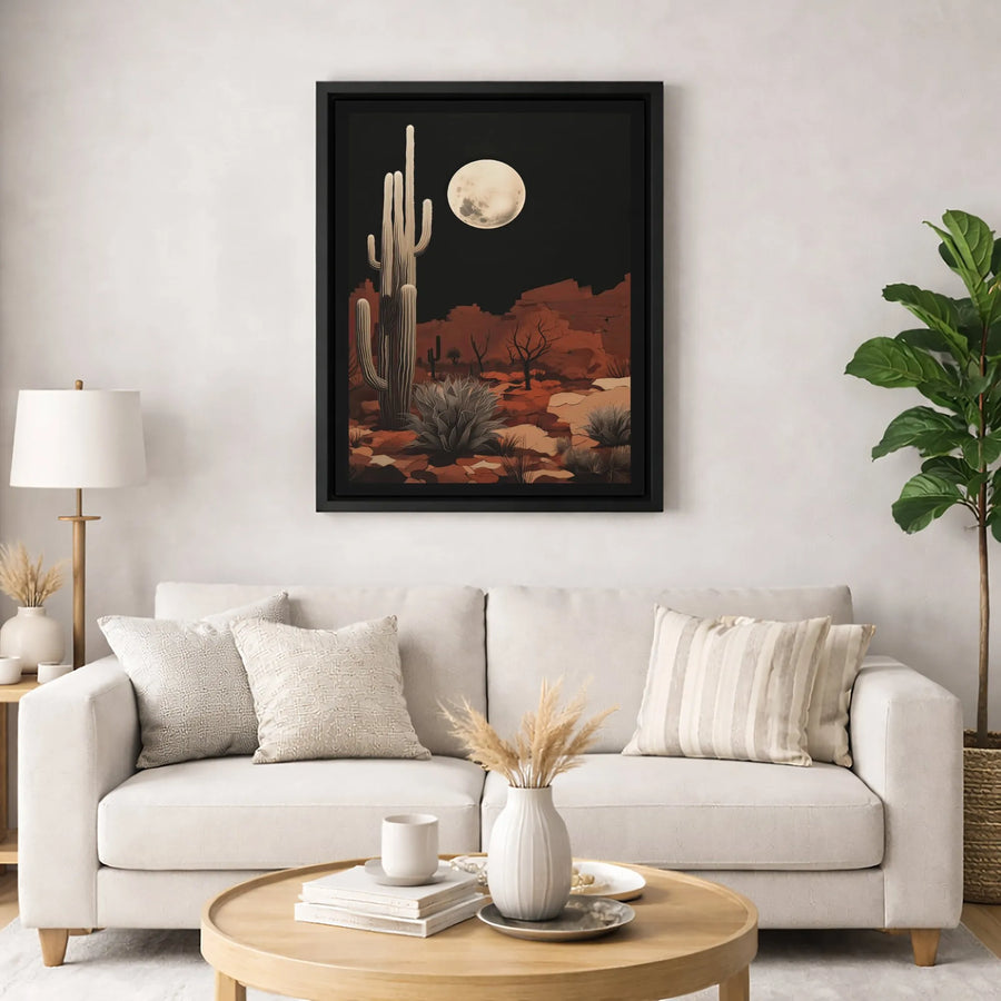 Southwestern Desert Canvas Wall Art | Saguaro Cactus Full Moon Nightscape | Gallery-Wrapped 1.25" Premium Print | Western Boho Home Decor