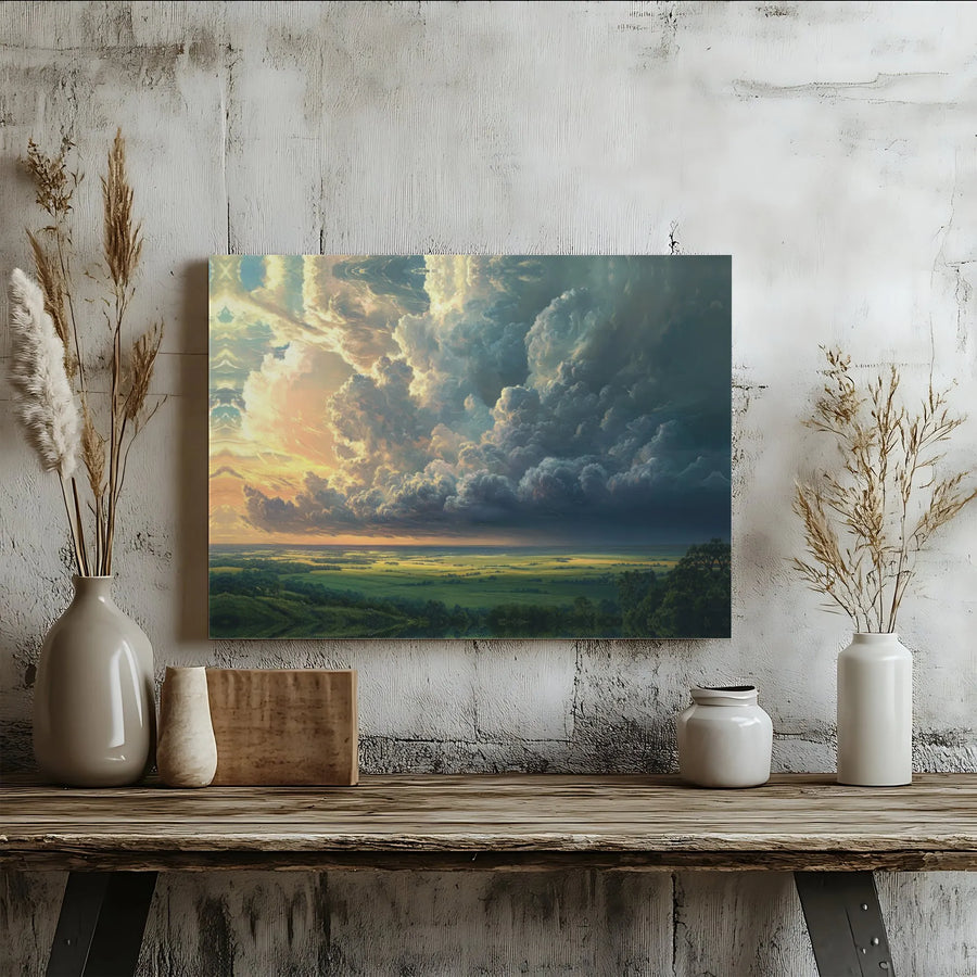 Stormy Cloud Landscape Canvas Wall Art | Dramatic Sunset Over Rolling Fields | Premium Gallery-Wrapped Print | Large Modern Home Office Decor Gift