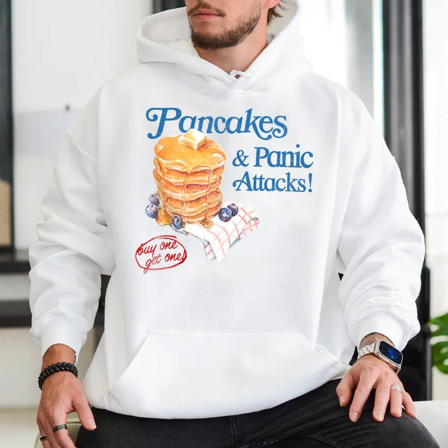 Pancakes & Panic Attacks Hoodie | Funny Breakfast Graphic Aesthetic | Premium Cotton Blend | Gift for Anxiety Humor & Brunch Lovers
