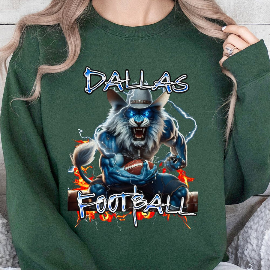Dallas Football With Muscular Blue Lion Mascot In Cowboy Hat Holding A Football With Lightning Sweatshirt