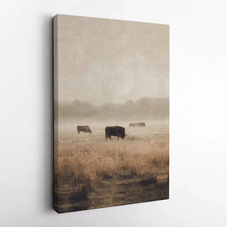 Bison Canvas Wall Art | Misty Prairie Landscape Painting | Premium High-Resolution Print | Rustic Country Farmhouse Decor Gift