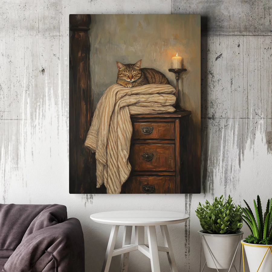 Sleeping Cat Oil Painting Canvas | Cozy Tabby Kitten Art | Premium Gallery Wrap Wall Decor | Farmhouse Bedroom Gift For Cat Lovers