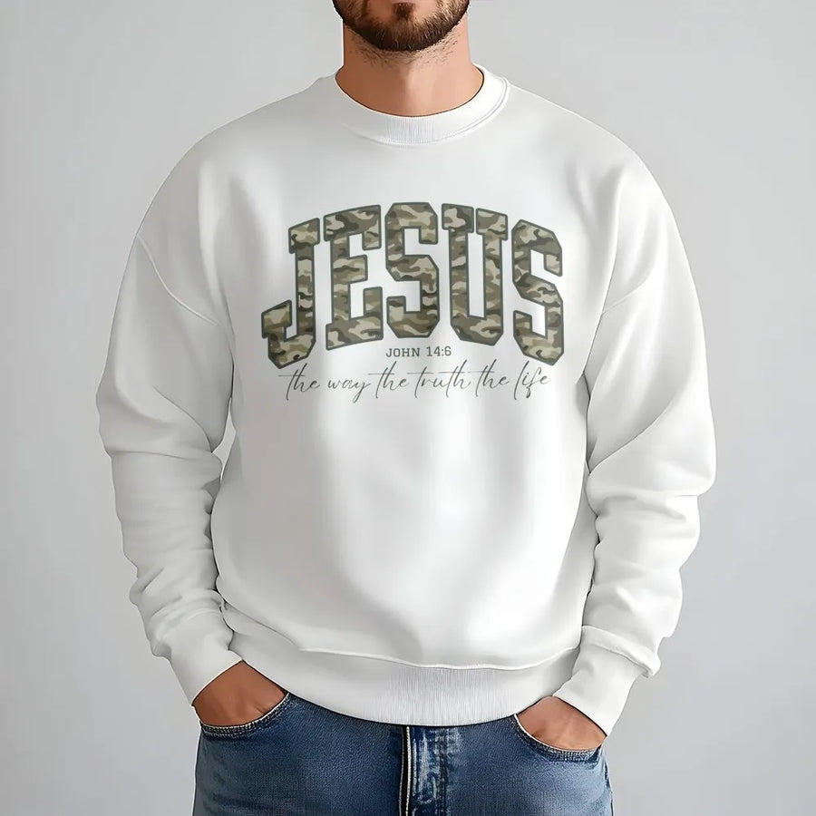 Jesus Sweatshirt | John 14:6 Bible Verse Camo Design | Premium Cotton Blend | Christian Faith Gift for Him & Her