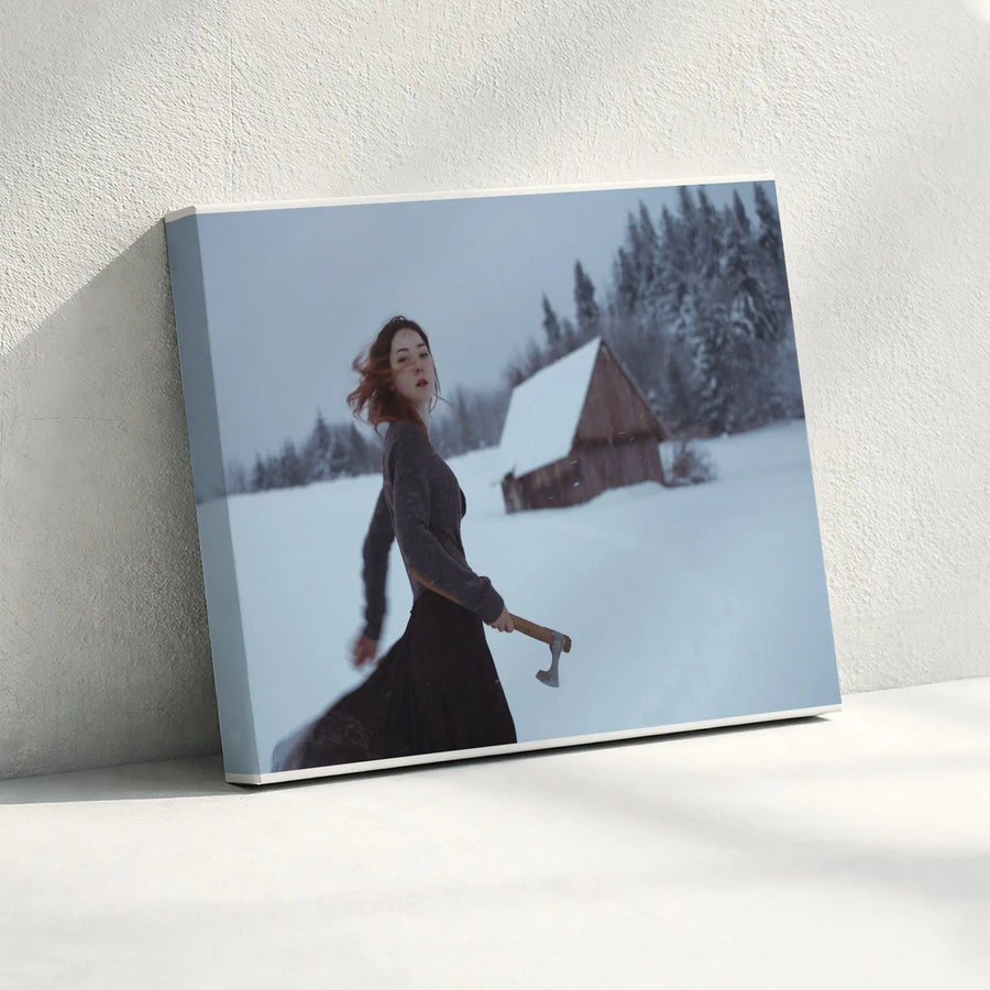 Winter Warrior Canvas Print | Woman with Axe in Cinematic Snow Scene | Gallery Quality Wall Art | Fantasy Art Collector Gift