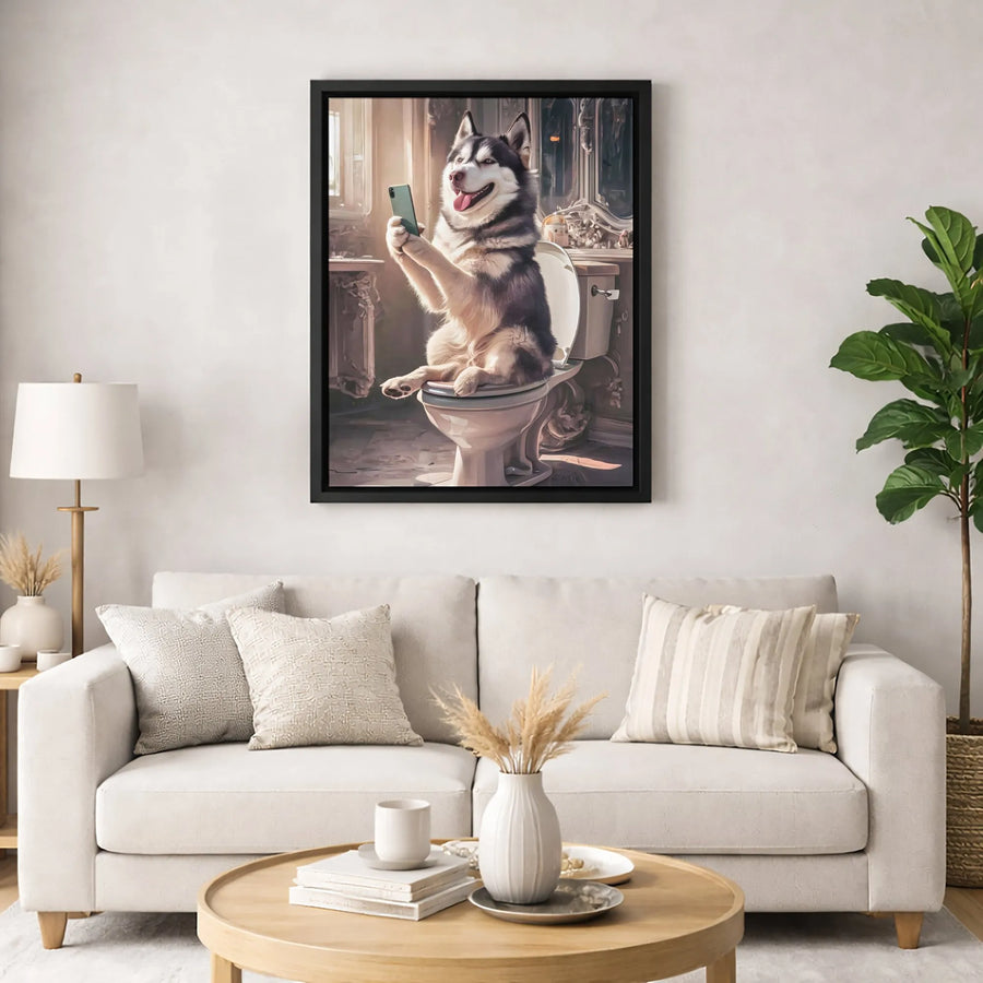Siberian Husky Toilet Selfie Canvas Print | Funny Dog Bathroom Wall Art | Premium Gallery Wrapped Decor | Unique Pet Lover Gift