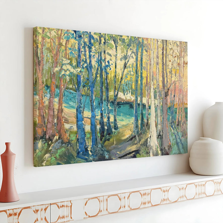 Creek Side Birch Forest Horizontal Canvas | Impressionist Palette Knife Style Teal & Gold Landscape Art | Premium 1.25” Thick Gallery Wrap | Serene Nature Decor Gift for Living Room