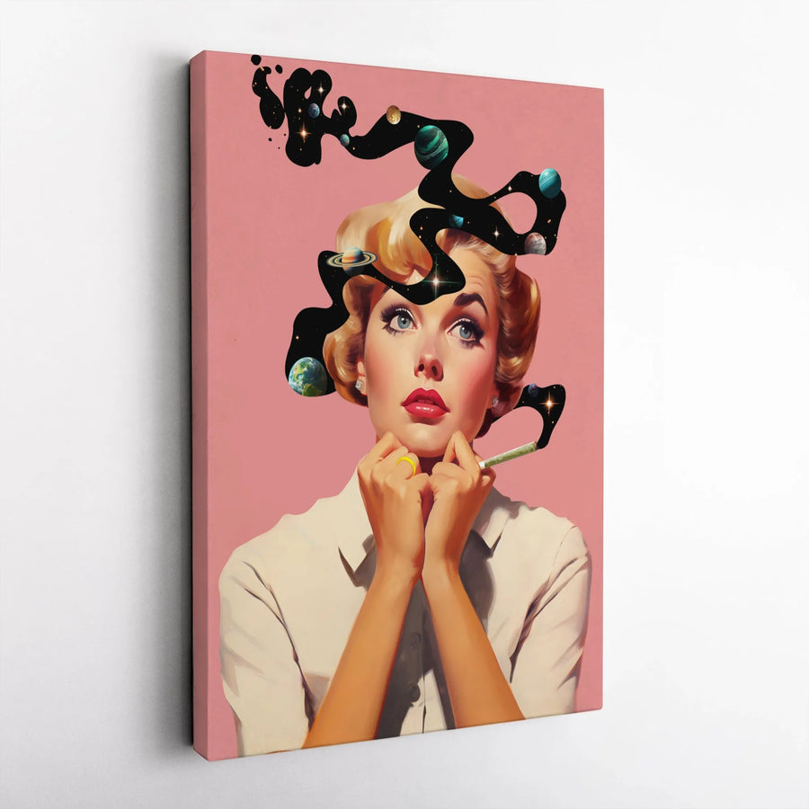 Surreal Retro Pop Art Canvas | Space Galaxy Galaxy Mind Woman Wall Decor | 1.25 Inch Gallery Wrap | Unique Modern Living Room Gift