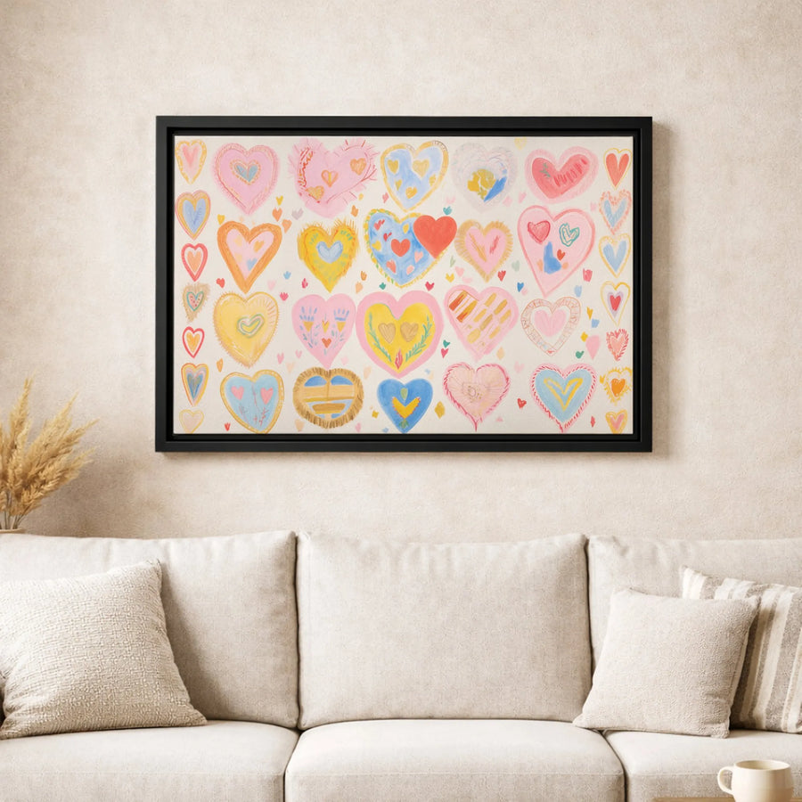 Colorful Hearts Canvas Wall Art | Whimsical Hand-Drawn Pattern | Premium Gallery-Wrapped Print | Romantic Nursery or Bedroom Decor Gift