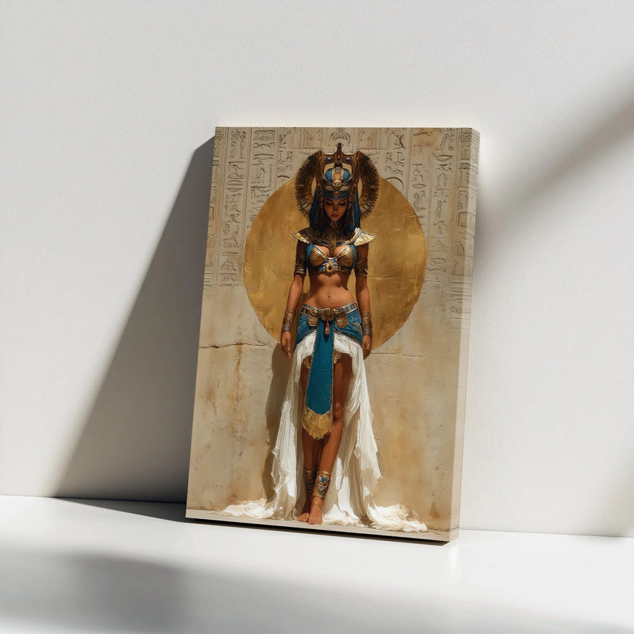 Egyptian Queen Vertical Canvas | Ancient Egypt Goddess Portrait with Hieroglyphics | Premium High-Resolution Print | Collector's Home Decor Gift