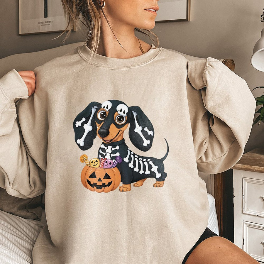 Halloween Dachshund Skeleton Sweatshirt | Cute Wiener Dog Pumpkin Graphic | Premium Cotton Blend Crewneck | Spooky Dog Lover Gift For Women
