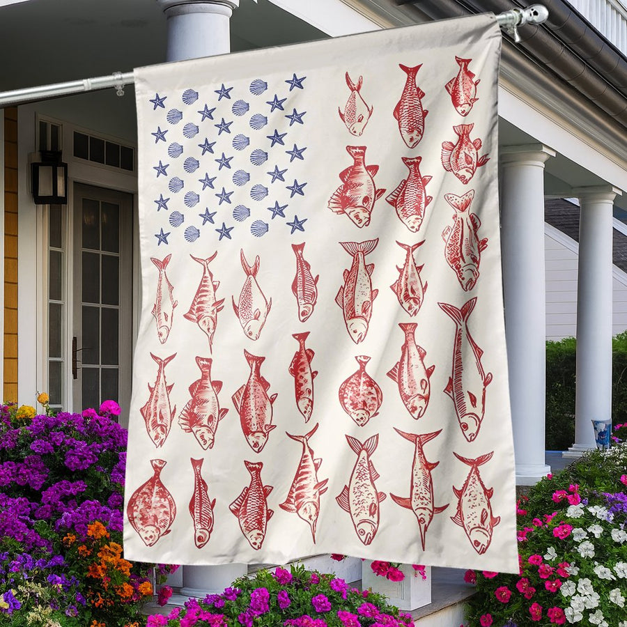 Patriotic Fishing Garden Flag | Nautical Seashell & Fish American Flag Art | UV-Resistant Polyester | Outdoor Coastal Home Decor Gift for Fishermen