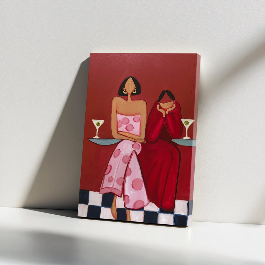 Abstract Women Canvas Wall Art | Modern Two Women with Martinis Print | Premium Gallery Wrapped Canvas | Chic Bar Cart & Living Room Decor Gift