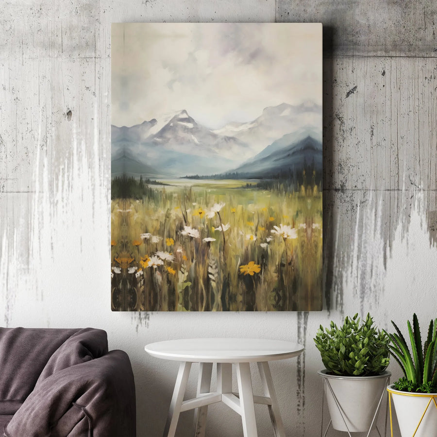 Mountain Wildflower Canvas Art | Misty Valley Landscape Painting | Premium Gallery Wrapped Print | Rustic Home Decor Gift for Nature Lovers