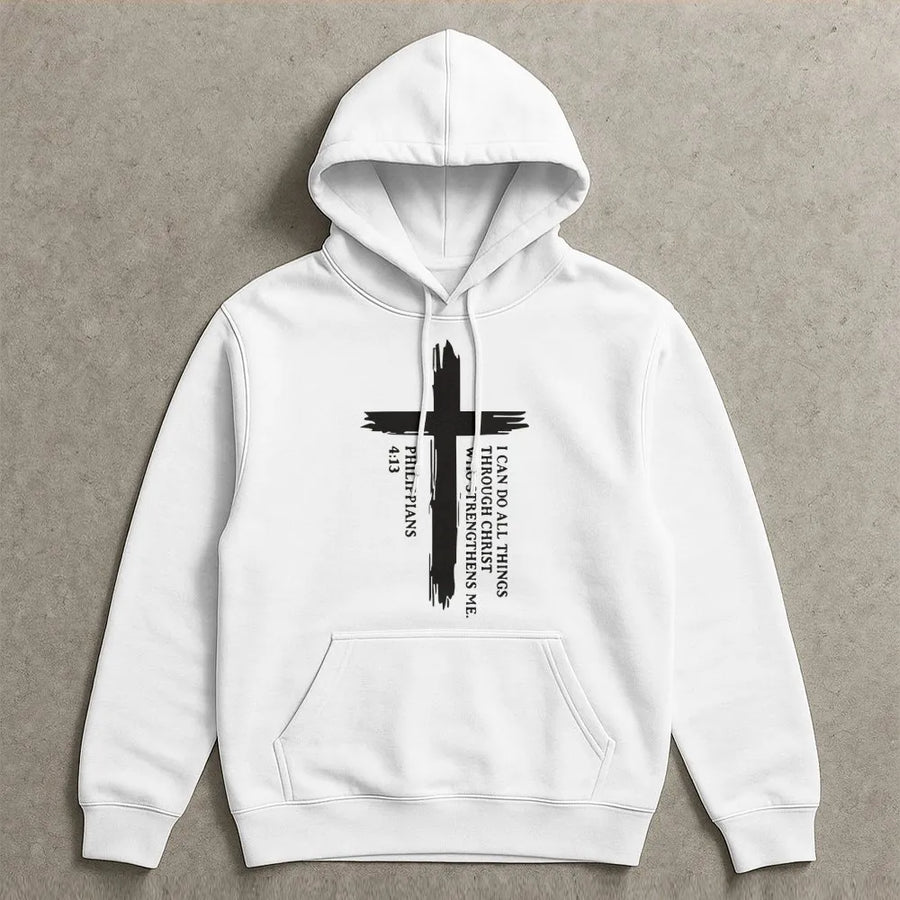 Philippians 4:13 Hoodie | I Can Do All Things Through Christ Cross Design | Premium Cotton Blend | Christian Faith Gift for Men and Women