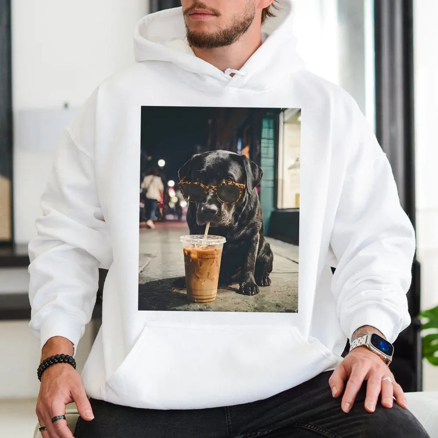 Cool Dog with Iced Coffee Hoodie | Funny Black Lab with Sunglasses Graphic | Premium Cotton Blend Sweatshirt | Gift for Dog Lover