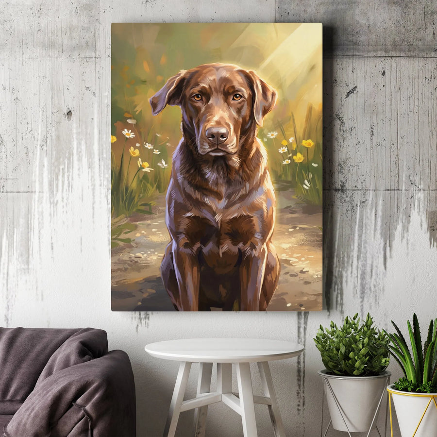 Chocolate Lab Canvas Wall Art | Painterly Dog Portrait in Wildflower Meadow | Premium Gallery Wrapped Print | Gift for Dog Lover