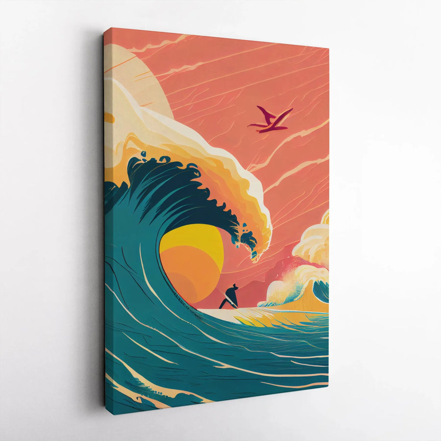 Sunset Surfing Vertical Canvas | Retro Ocean Wave Illustration | Premium Gallery Wrap Canvas | Gift for Surfer and Beach Lover
