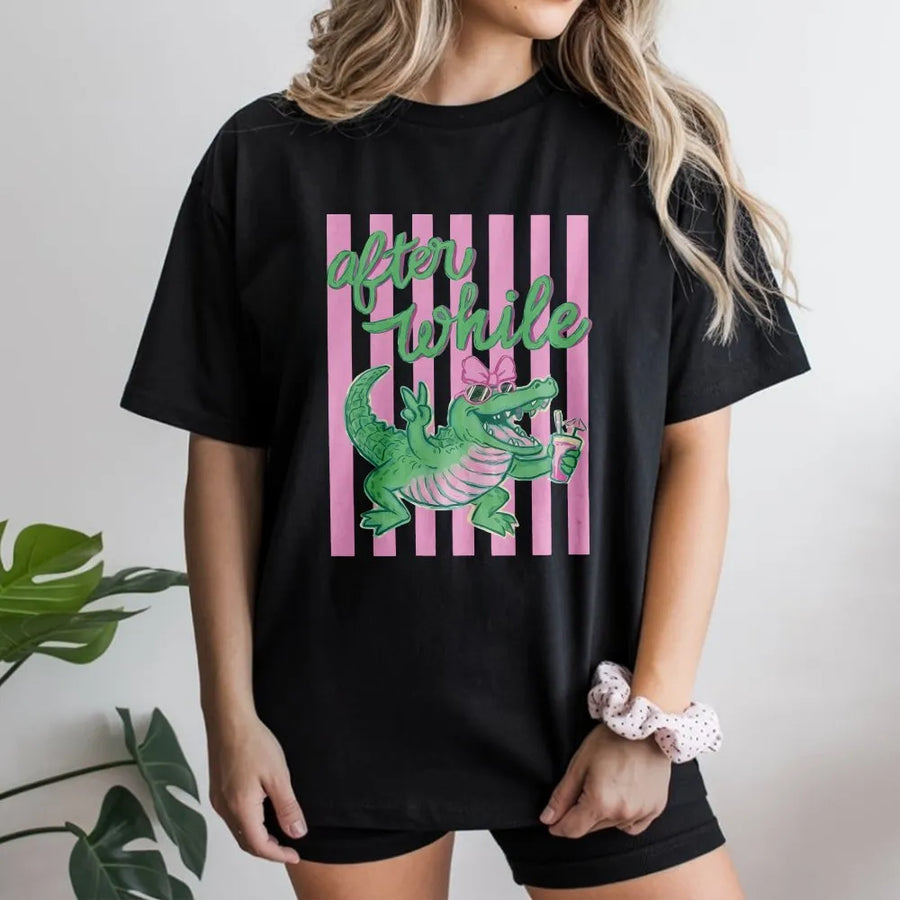 After While Crocodile T-Shirt | Funny Pink & Green Gator Graphic | Soft Cotton Blend | Preppy Beach Vacation Gift for Women