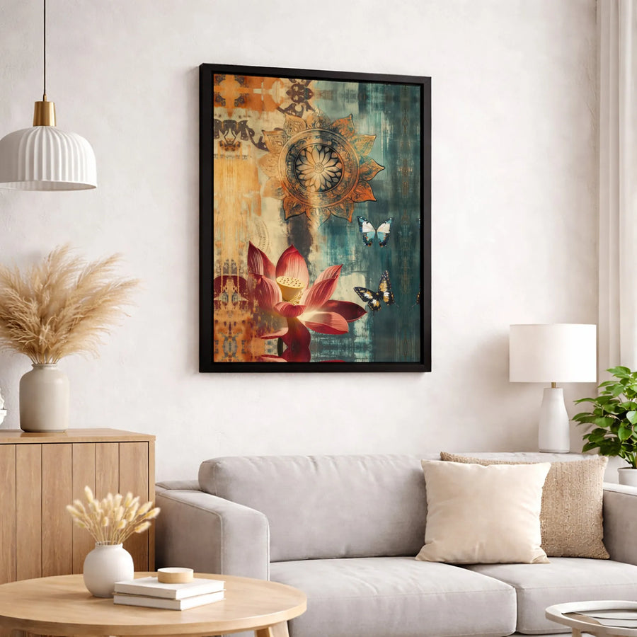 Lotus Flower Mandala Canvas Print | Rustic Bohemian Butterfly Wall Art | Premium Gallery Wrapped Decor | Spiritual Home Office Gift