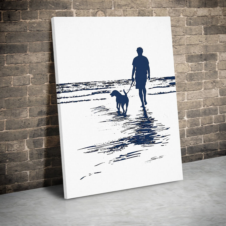 Man Walking Dog Beach Canvas Print | Coastal Silhouette Sketch | 1.25 Inch Gallery Wrap | Minimalist Home Decor Gift for Dog Lovers