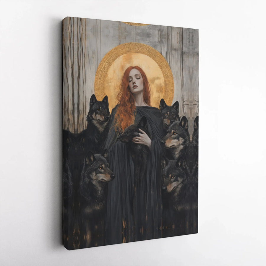 Gothic Wolf Goddess Canvas Wall Art | Golden Halo Surreal Portrait | Premium Gallery Wrap Print | Mystical Home Decor for Living Room
