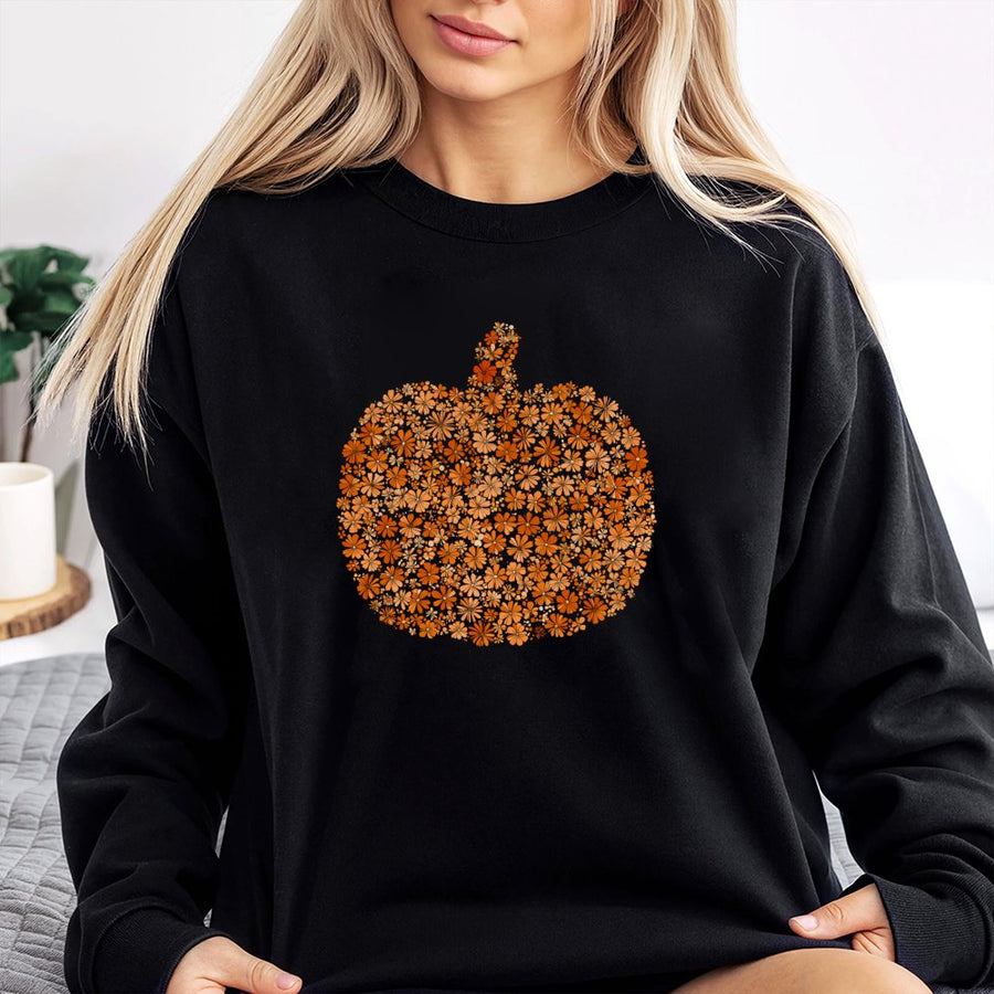 Boho Floral Pumpkin Sweatshirt | Autumn Botanical Aesthetic Graphic | Soft Cotton-Blend Premium Crewneck | Trendy Fall Thanksgiving Gift for Women