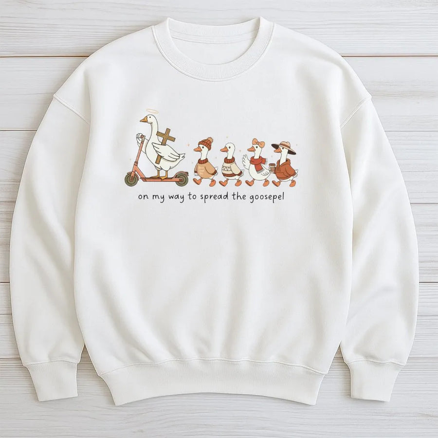Spread The Goosepel Sweatshirt | Funny Christian Duck Graphic | Premium Cotton Blend Crewneck | Religious Gift for Faith-Based Humor Lovers