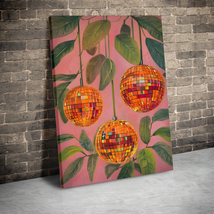 Disco Ball Vertical Canvas | Retro 70s Botanical Plant Print | Premium Gallery Wrap Wall Art | Funky Boho Apartment Decor Gift