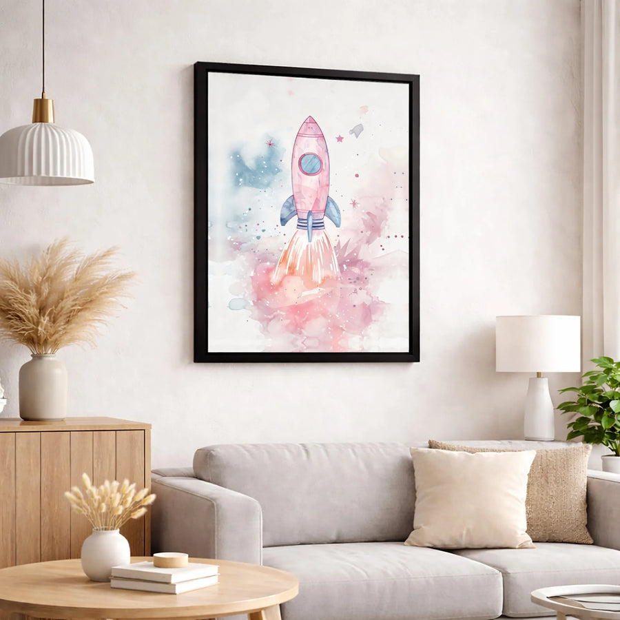 Pink Rocket Ship Canvas Print | Watercolor Space Nursery Wall Art | 1.25-Inch Gallery Wrapped | Premium Kids Room Decor