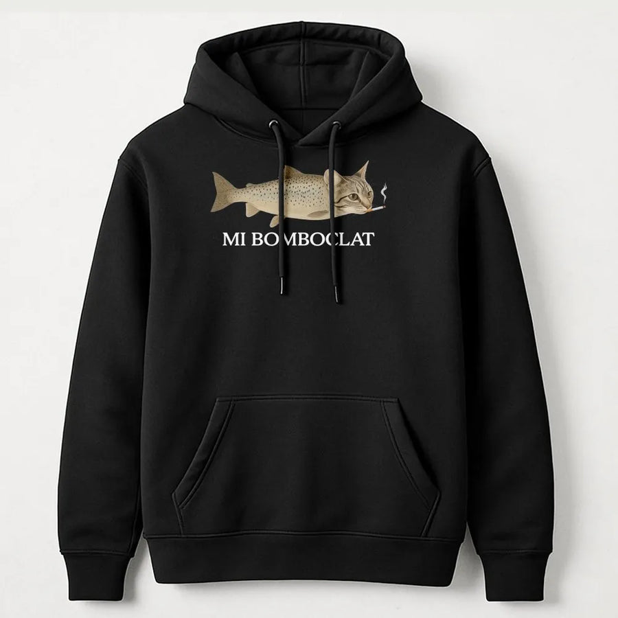 Mi Bomboclat Hoodie | Funny Smoking Cat Fish Meme Graphic | Soft Cotton-Poly Blend | Unisex Jamaican Patois Streetwear Gift