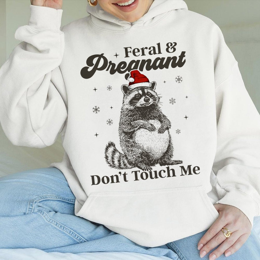 Feral and Pregnant Hoodie | Funny Raccoon Christmas Sweatshirt | Premium Cotton-Poly Blend | Cute Maternity Gift for Expecting Mom
