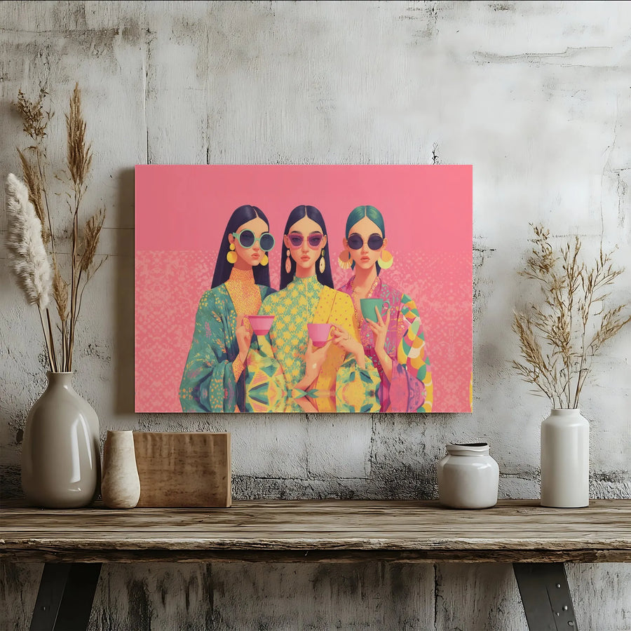 Fashionable Women Canvas Print | Three Girls Drinking Tea Wall Art | 1.25-Inch Gallery Wrap Decor | Stylish Pop Art Gift for Her Home Office
