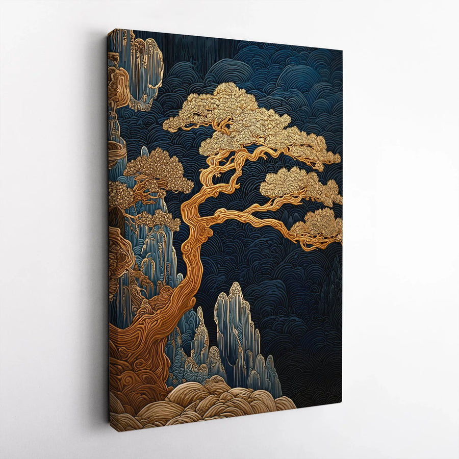 Japanese Tree of Life Vertical Canvas | Textured Gold Ukiyo-e Style Art | Premium Thick Gallery Wrap | Collector's Zen Home Decor Gift