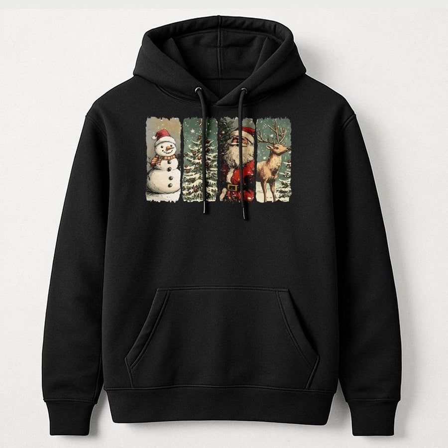 Vintage Christmas Hoodie | Retro Santa Snowman Tree Graphic | Premium Cotton Blend Pullover | Cozy Holiday Gift for Women and Men