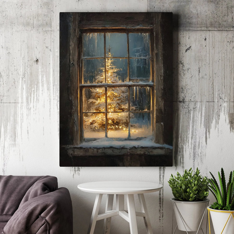 Christmas Tree Snowy Window Canvas Art | Winter Holiday Lights Wall Decor | Premium Fade-Resistant Print | Cozy Farmhouse Seasonal Gift