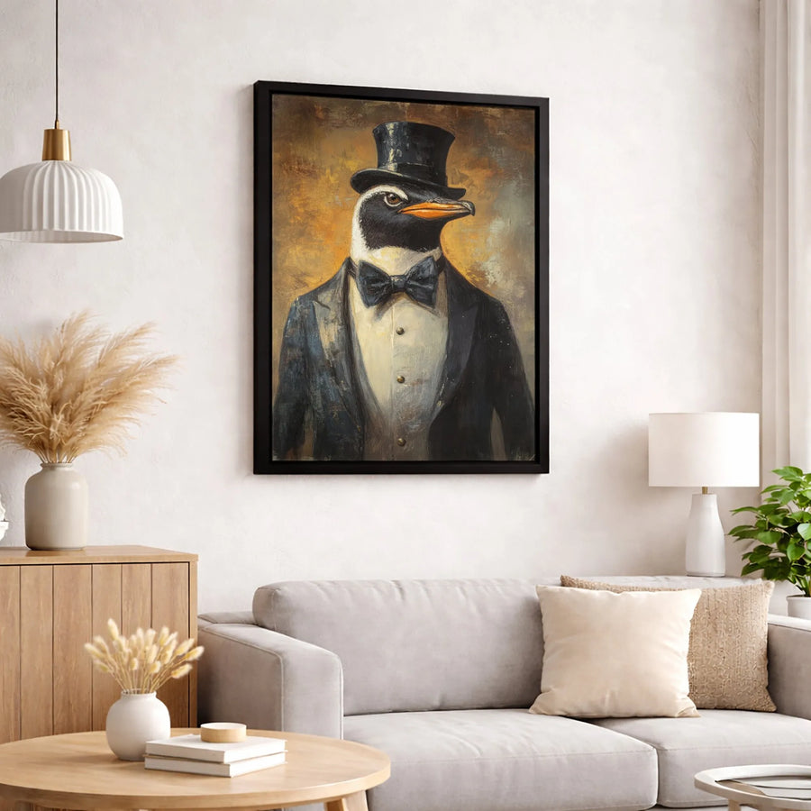 Penguin Wall Art | Dapper Gentleman in Tuxedo and Top Hat | Premium Gallery Wrap Canvas | Whimsical Animal Portrait for Office or Home Decor