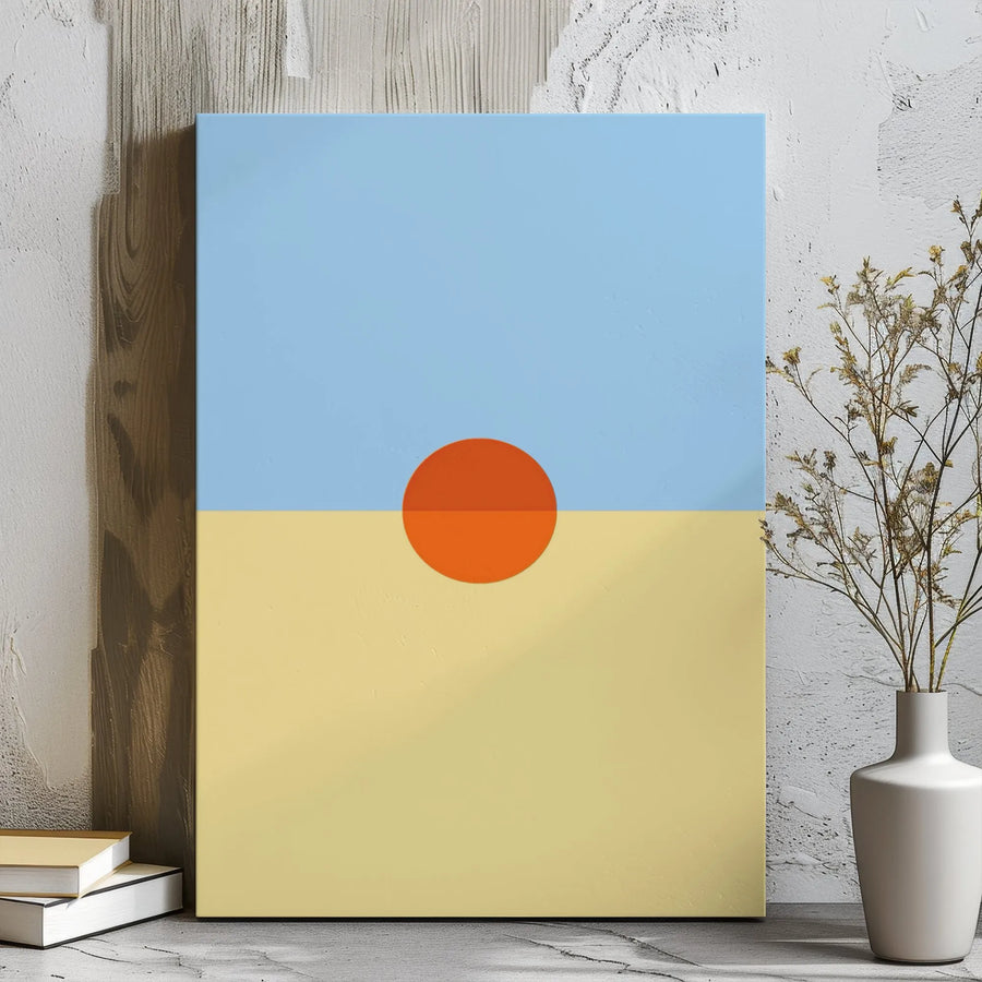 Minimalist Geometric Sunset Canvas Art | Abstract Orange Sun Blue Yellow Horizon | Premium Gallery Wrap Decor | Modern Office Home Wall Art Gift
