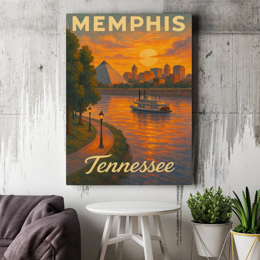 Memphis Tennessee Art Print | Vintage Riverboat & Pyramid Sunset Poster | Gallery-Quality Canvas Wall Decor | Travel Gift for Tennessee Lovers