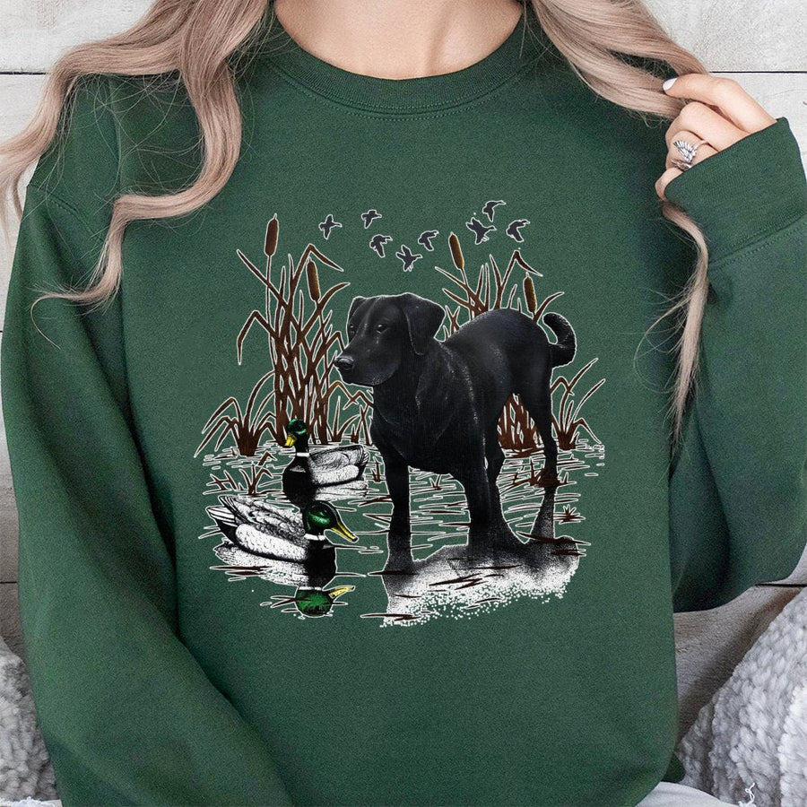 Black Labrador Retriever Sweatshirt | Duck Hunting Nature Graphic | Premium Cotton Blend | Gift for Dog Lover and Outdoorsman
